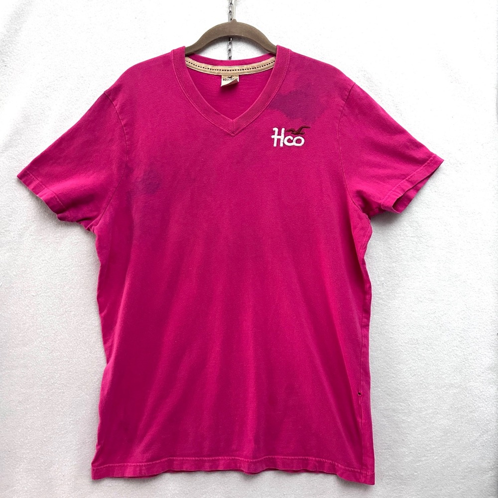 Hollister Womens V-Neck T-Shirt Hot Pink Short Sleeve Hco Logo XL